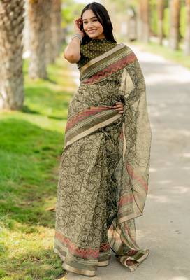 women's floral print kota doria saree -green 2