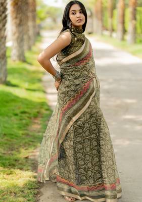 women's floral print kota doria saree -green 3