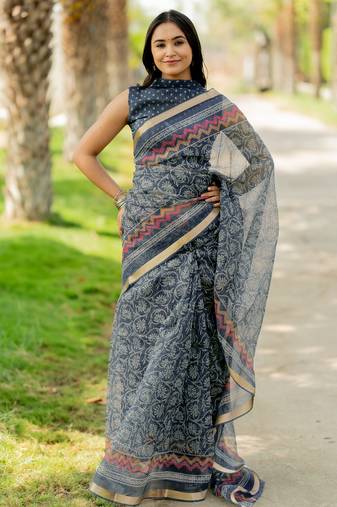 women's floral print kota doria saree -blue