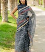 women's floral print kota doria saree -blue