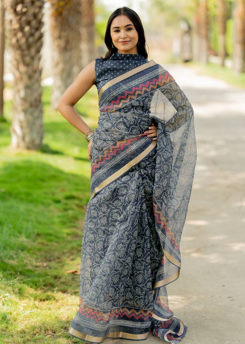 women's floral print kota doria saree -blue