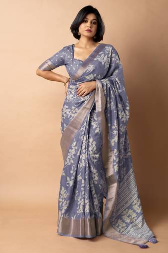 women's floral print cotton silk saree -purple