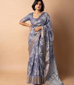 women's floral print cotton silk saree -purple