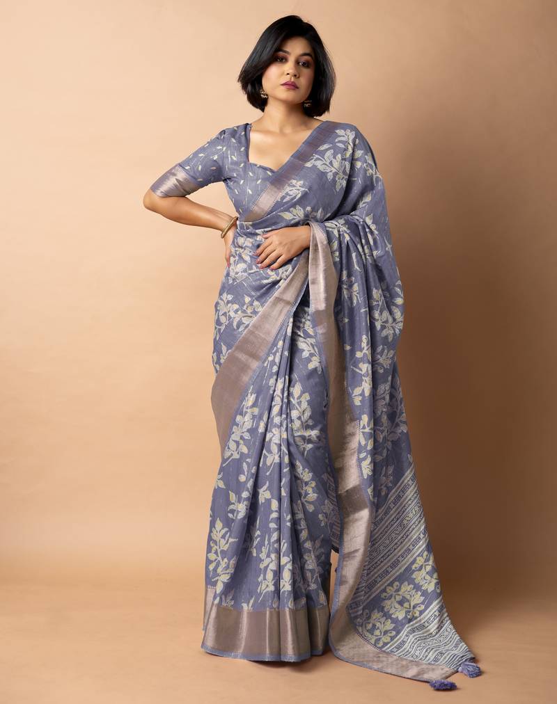 women's floral print cotton silk saree -purple