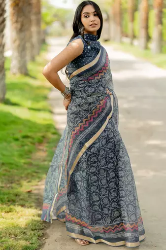 women's floral print kota doria saree -blue