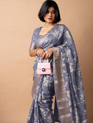 women's floral print cotton silk saree -purple 2
