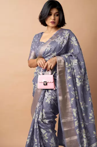 women's floral print cotton silk saree -purple