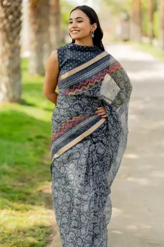 women's floral print kota doria saree -blue