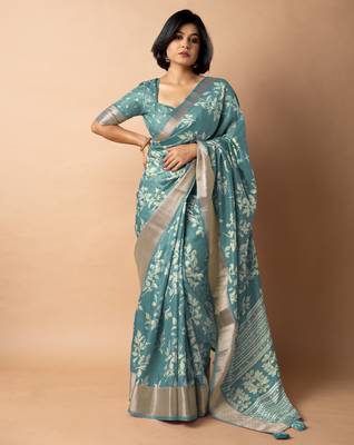 women's floral print cotton silk saree -teal 1