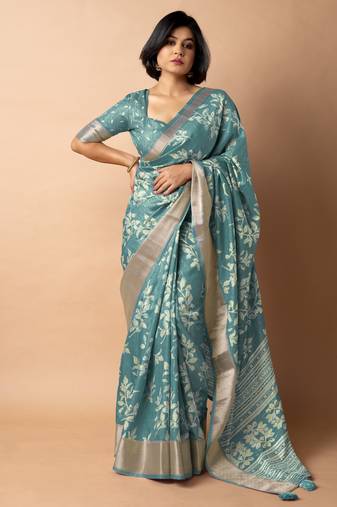 women's floral print cotton silk saree -teal