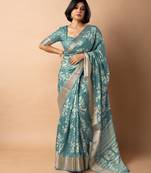 women's floral print cotton silk saree -teal