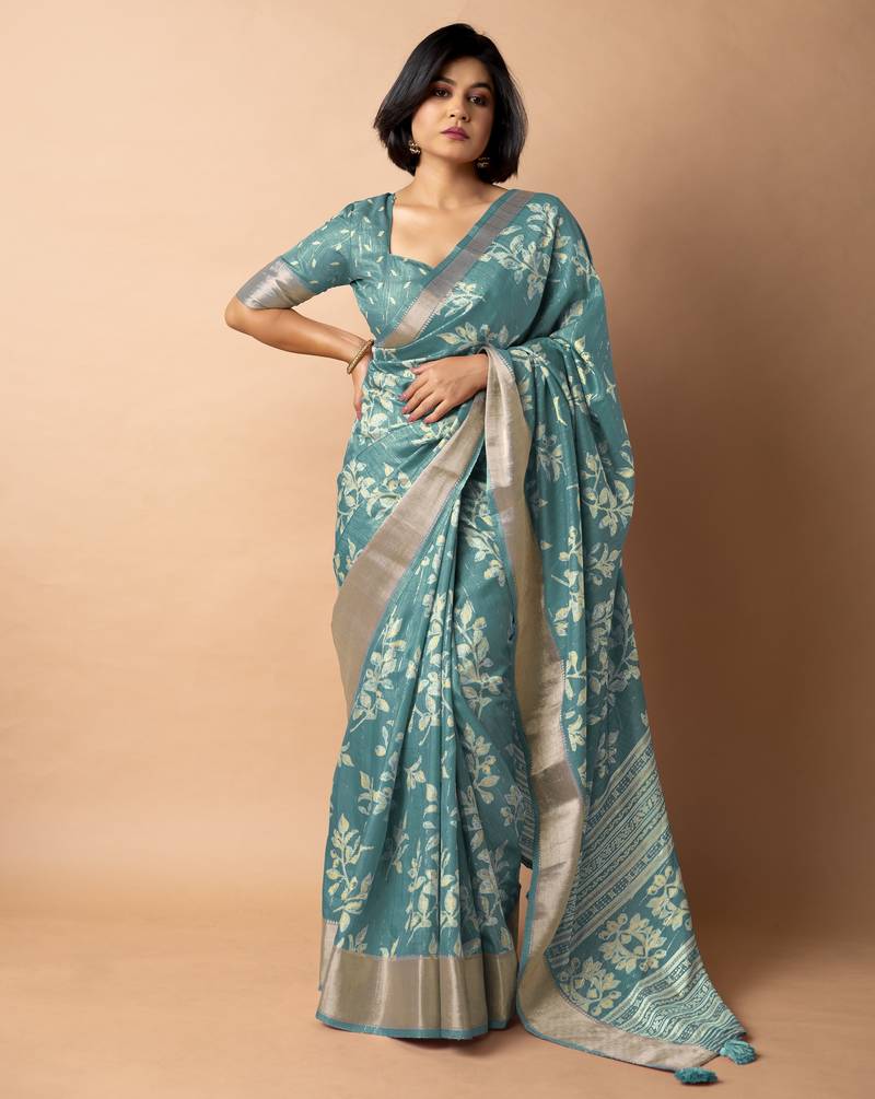 women's floral print cotton silk saree -teal