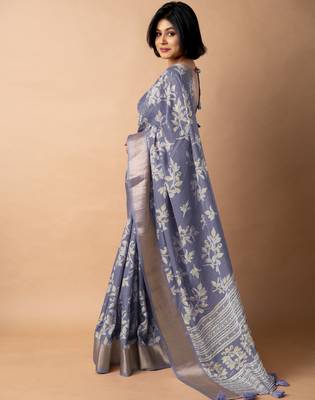women's floral print cotton silk saree -purple 3