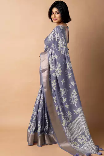 women's floral print cotton silk saree -purple