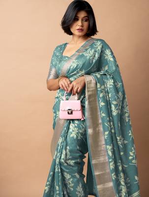 women's floral print cotton silk saree -teal 2