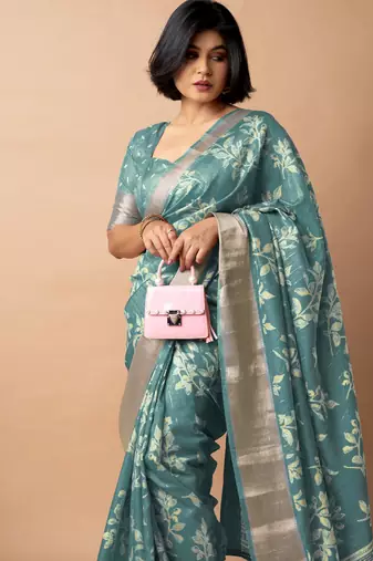 women's floral print cotton silk saree -teal
