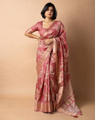 women's floral print cotton silk saree -coral 1