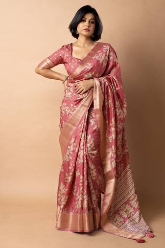 women's floral print cotton silk saree -coral