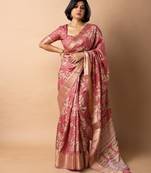 women's floral print cotton silk saree -coral