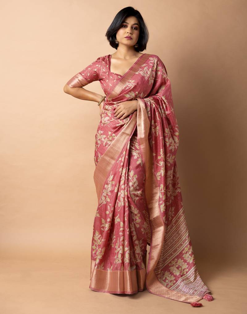 women's floral print cotton silk saree -coral