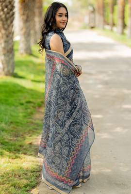 women's floral print kota doria saree -blue 5