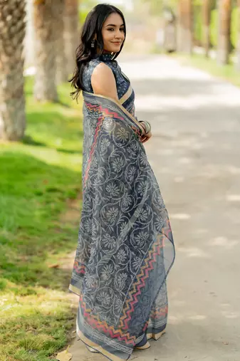 women's floral print kota doria saree -blue