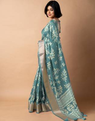 women's floral print cotton silk saree -teal 3