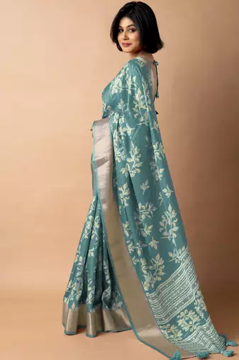 women's floral print cotton silk saree -teal