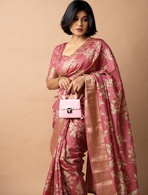 women's floral print cotton silk saree -coral 2
