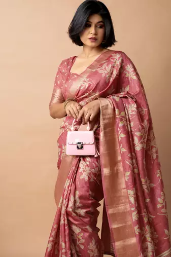 women's floral print cotton silk saree -coral