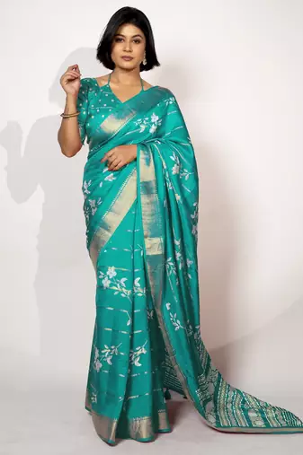 women's floral print cotton silk saree -turquoise