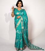 women's floral print cotton silk saree -turquoise