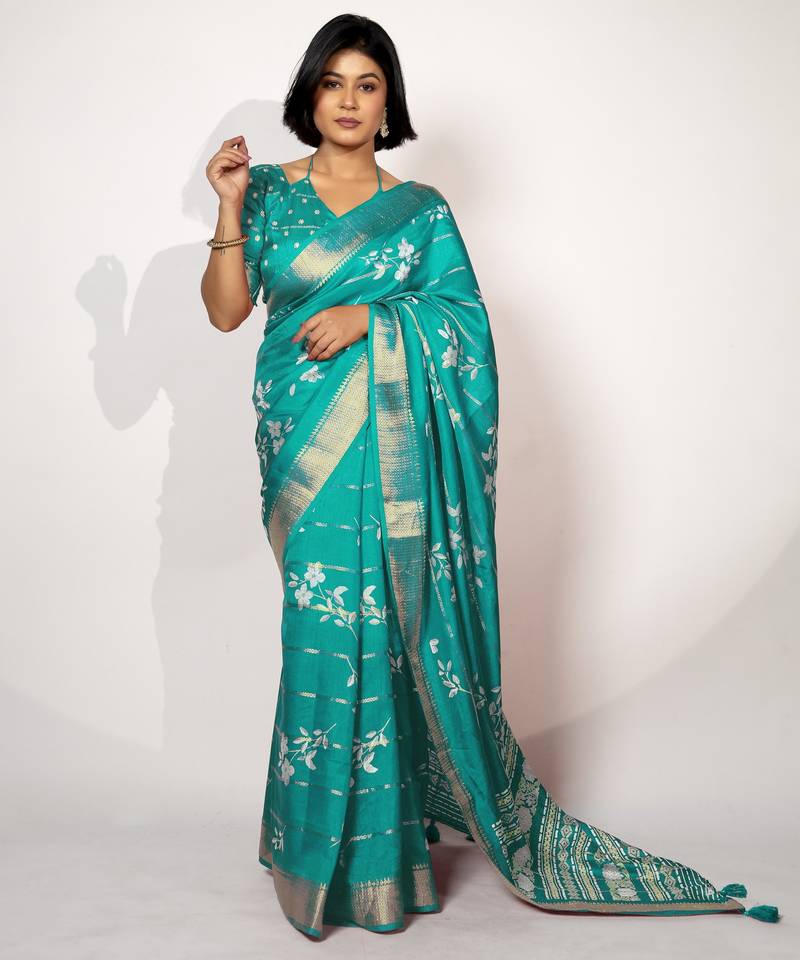 women's floral print cotton silk saree -turquoise