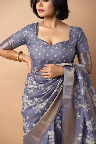 women's floral print cotton silk saree -purple