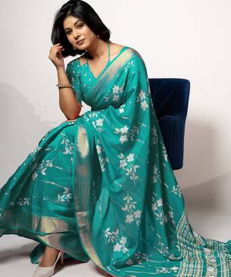 women's floral print cotton silk saree -turquoise 2