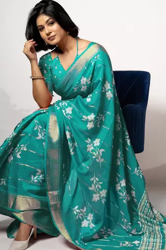 women's floral print cotton silk saree -turquoise