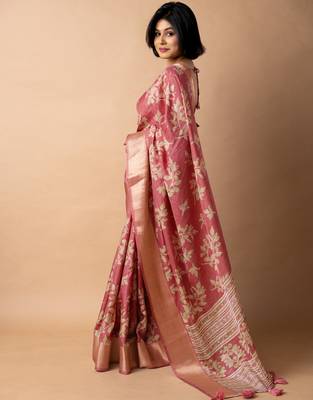 women's floral print cotton silk saree -coral 3