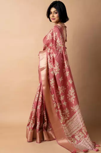 women's floral print cotton silk saree -coral
