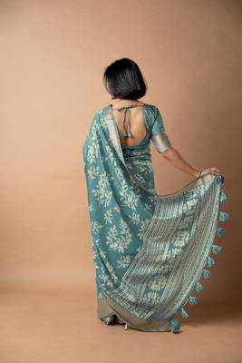 women's floral print cotton silk saree -teal 5