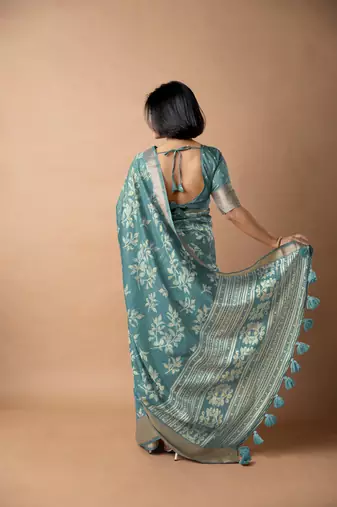 women's floral print cotton silk saree -teal