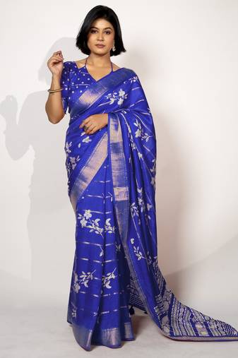 women's floral print cotton silk saree -blue