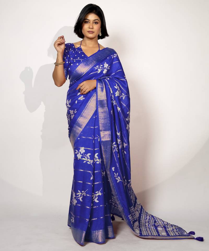 women's floral print cotton silk saree -blue