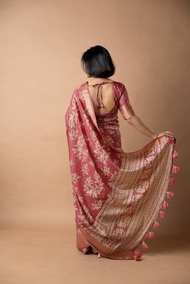 women's floral print cotton silk saree -coral 4