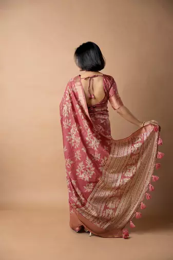 women's floral print cotton silk saree -coral