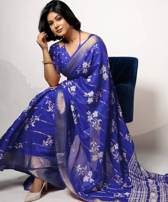women's floral print cotton silk saree -blue 2