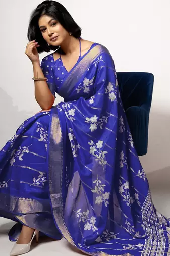 women's floral print cotton silk saree -blue