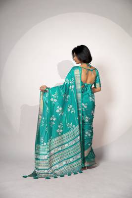 women's floral print cotton silk saree -turquoise 3