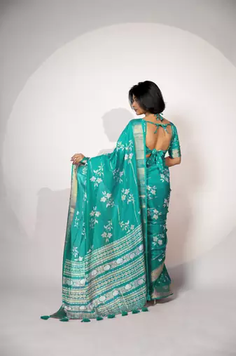 women's floral print cotton silk saree -turquoise