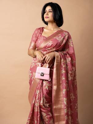 women's floral print cotton silk saree -coral 5