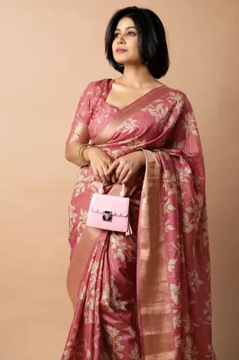 women's floral print cotton silk saree -coral